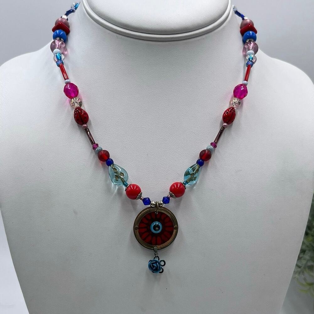 Designer Signed Artisan Evil Eye Multicolor Red Blue Glass Resin Necklace